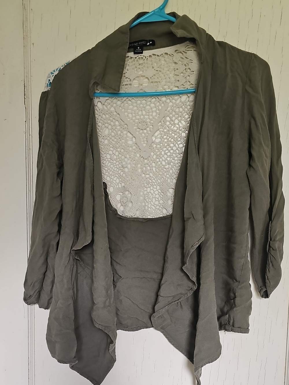 Olive Green Draped Cardigan Sweater with Crochet Back